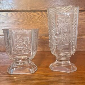 Set of 2 Antique EAPG Deer & Pine Tree - Celery Vase & Spooner - McKee 1880s